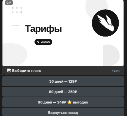 Выбор тарифа в боте: 30, 60 или 90 дней